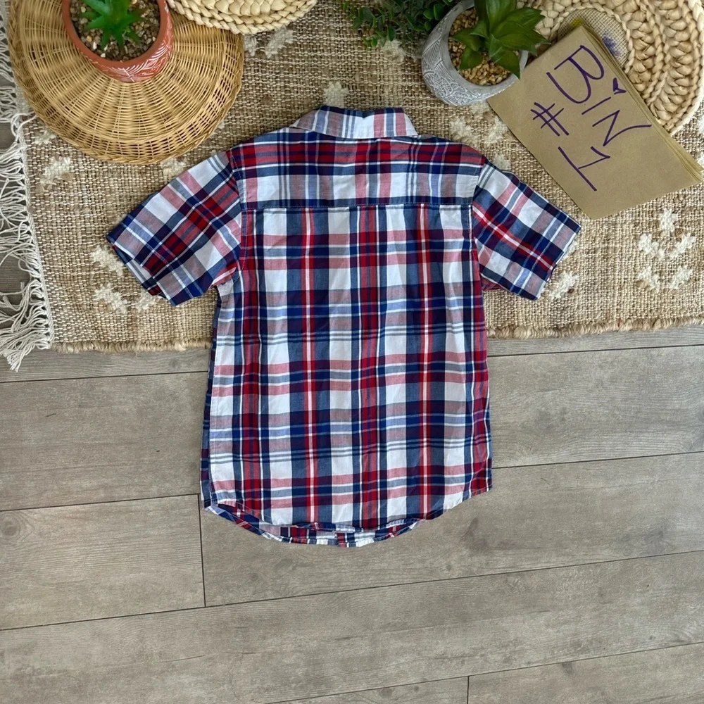 New Wrangler Boys Plaid Button Down Short Sleeve Shirt Size Small Red White Blue